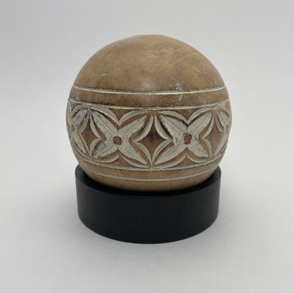 Carved Wooden Sphere Ball on Stand - Picture 2 of 9